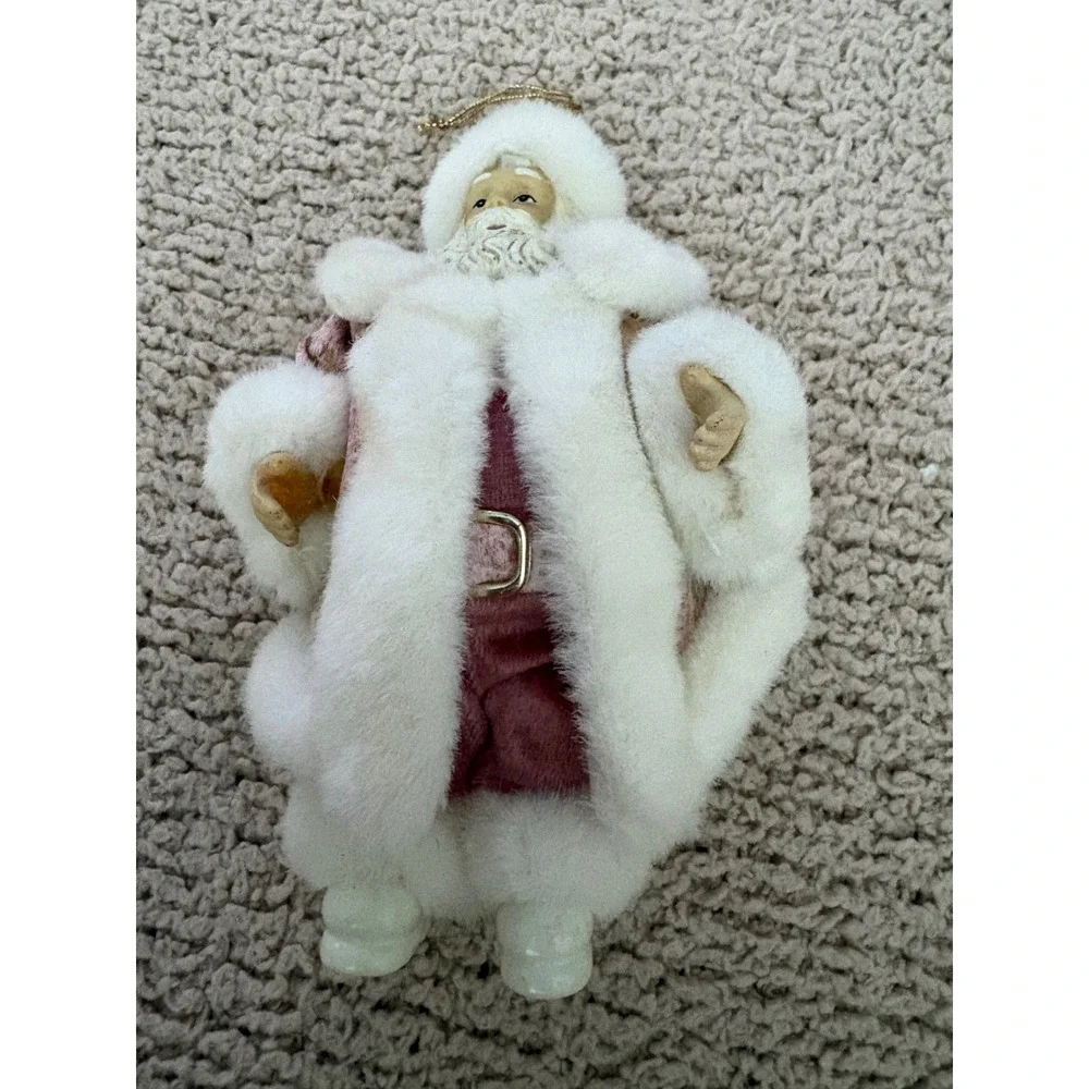 Vintage Pink Velvet Santa Claus Christmas Ornament Faux Fur Trim 7.5 Inch